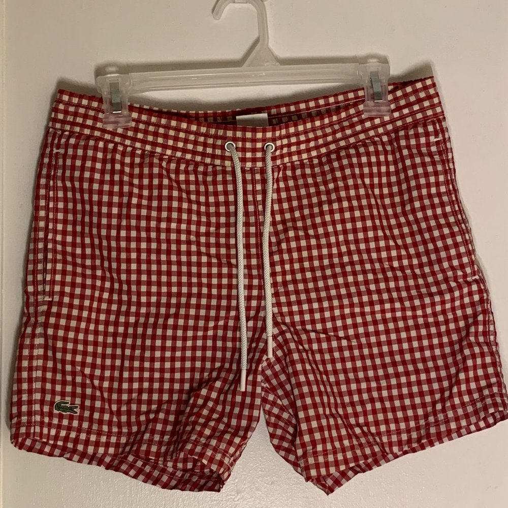 Lacoste Red and White Gingham Swim Trunks